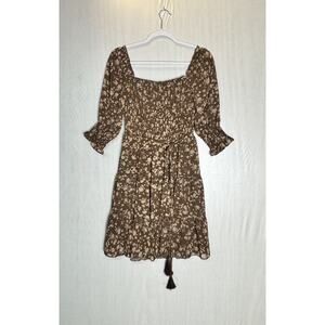 Baltic Born Womens Azlyn Smocked Short Boho Dress Copper Floral Puff Sleeve Sz S